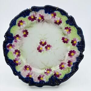 Nippon Hand Painted Floral Cabinet Display Plate Cobalt Blue Rim VTG Cottagecore